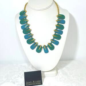 Vtg Joan Rivers 18" Blue Green Bib Necklace Gold Tone Classic Collection